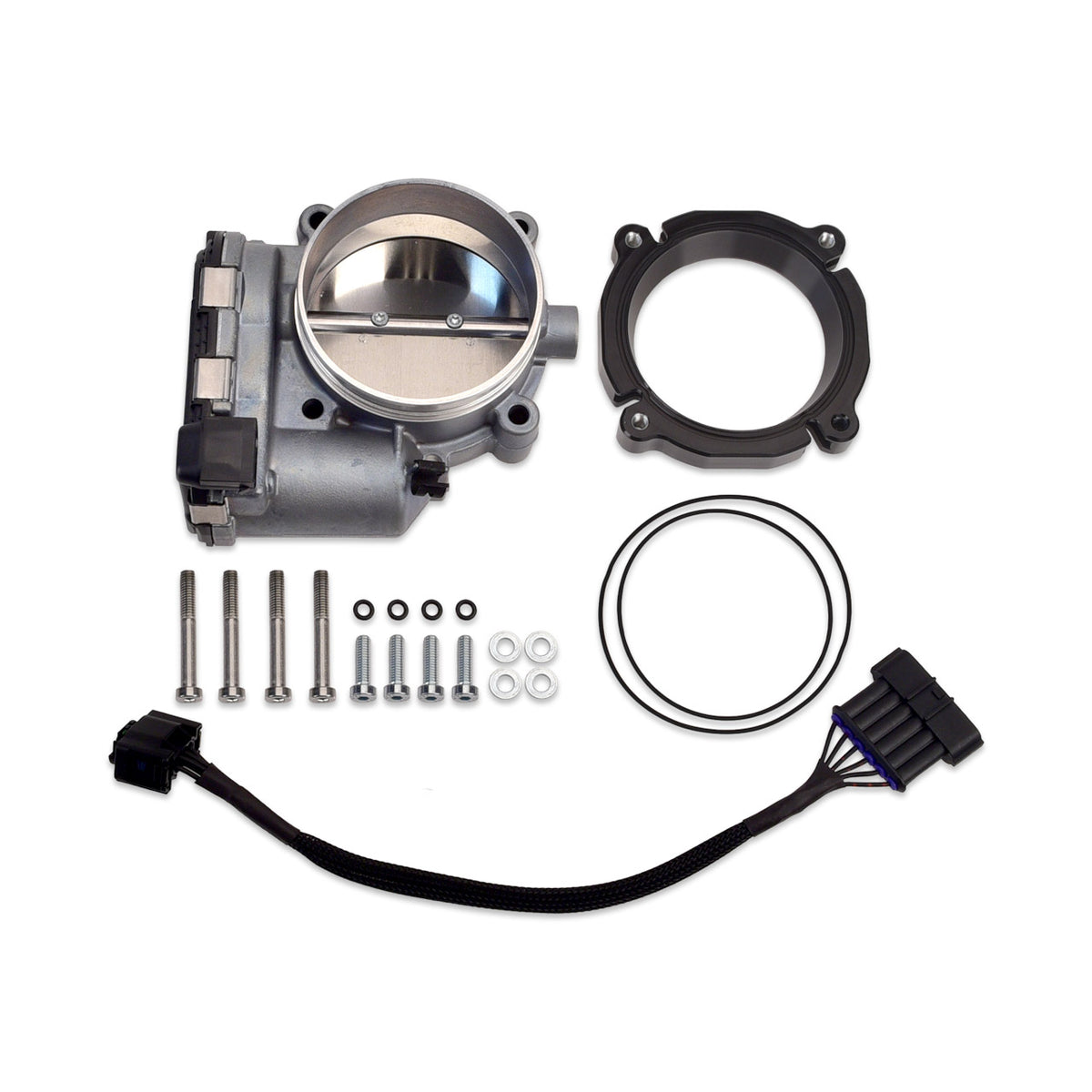 IAG Bosch 82mm Throttle Body & Adapter Package Parts Layout - Black Adapter