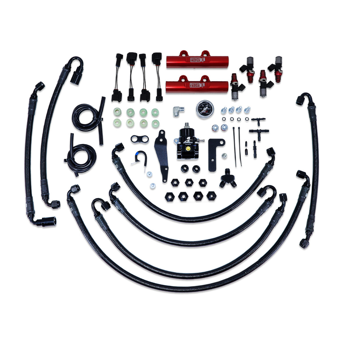 IAG PTFE Flex Fuel System Kit w/ ID Injectors, Aeromotive FPR, IAG Red Fuel Rails for 08-14 WRX, 08-21 STI