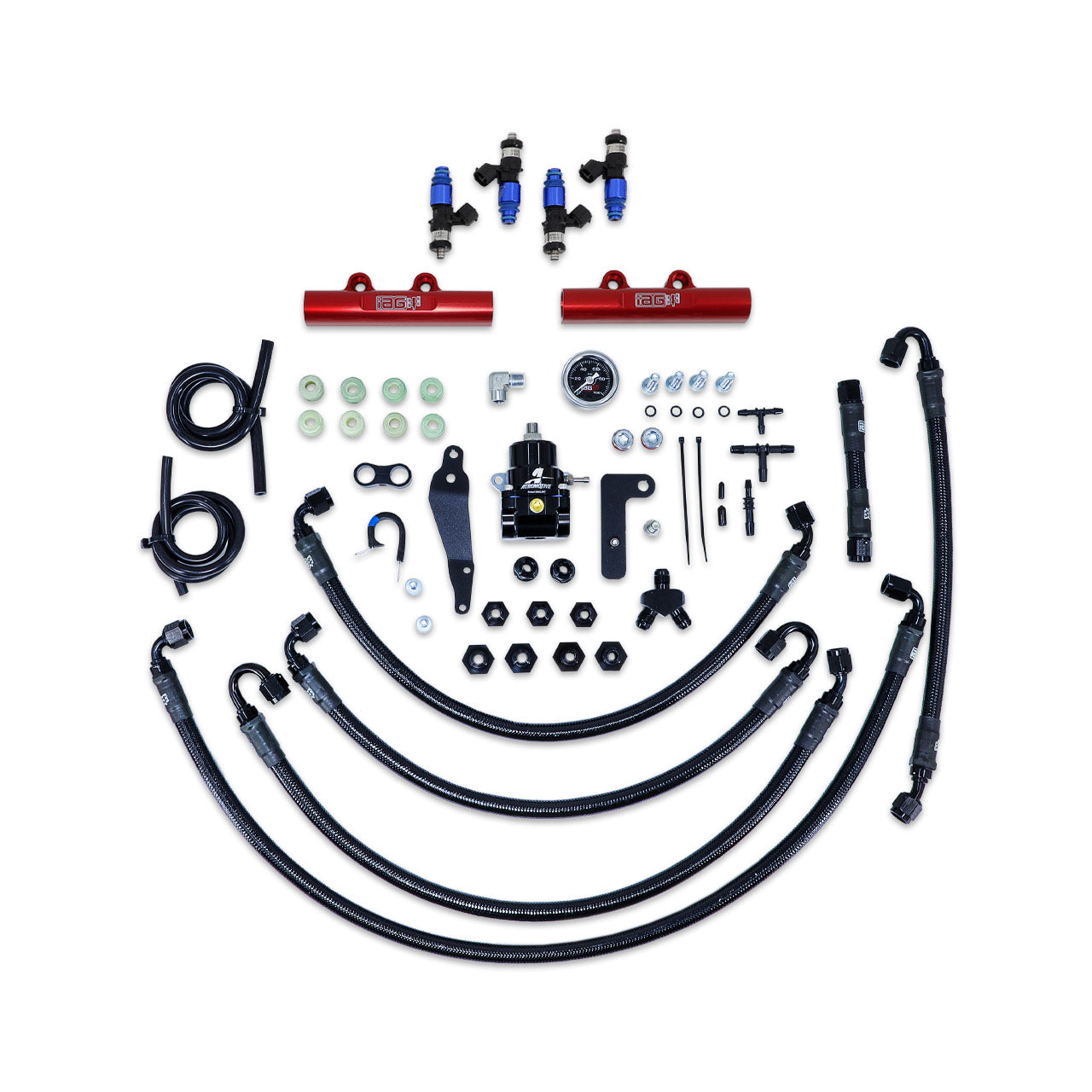 IAG PTFE Fuel System Kit w/ FIC Injectors, Aeromotive FPR, IAG Fuel Rails for 08-14 WRX, 08-21 STI