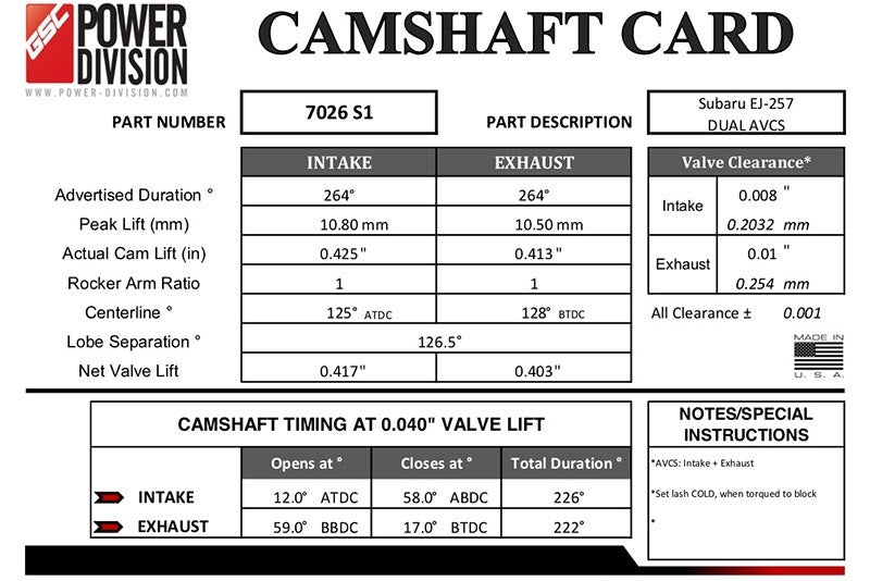 GSC S1 Billet Camshaft Set for the 2008-21 Subaru STI with Dual AVCS - Specs 2
