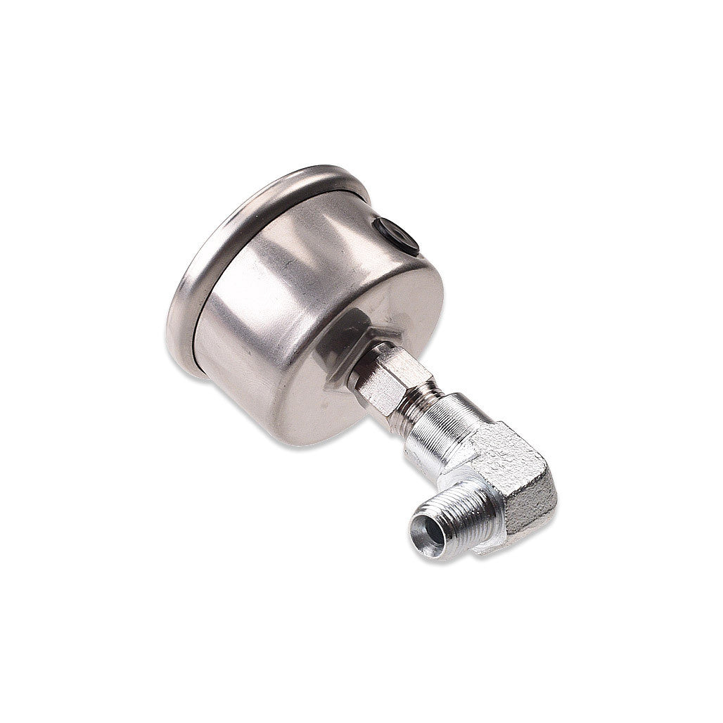 IAG 90 Degree 1/8 inch NPT Male to Female Zinc Plated Fitting shown installed on Fuel Gauge