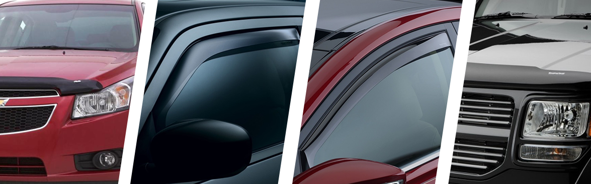 Photo collage of various vehicles with deflectors installed.