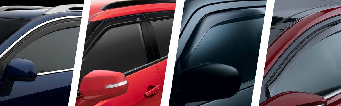 Photo collage of wind deflectors on vehicles.