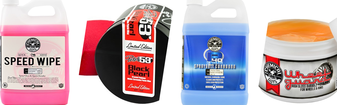 Photo collage of car waxes and detailing supplies