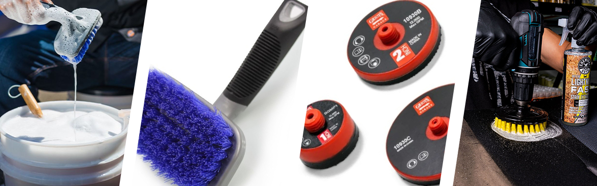 Photo collage of detailing brushes for car cleaning