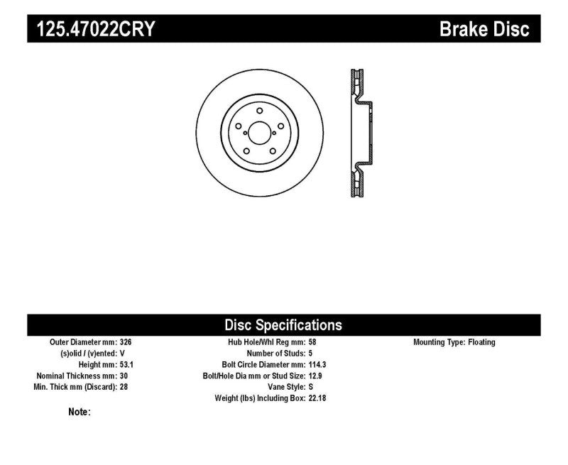 Stoptech Front High Carbon CRYO-STOP Rotor For 2005-07 Subaru Impreza WRX Sti - 125.47022CRY - Catalog