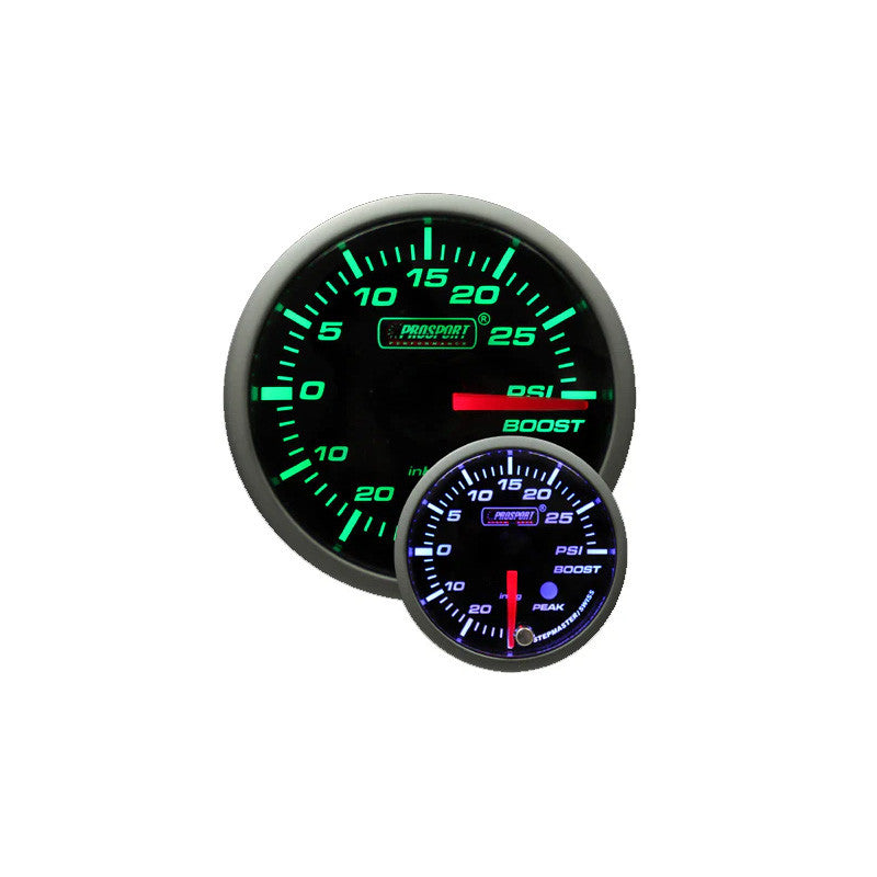 Prosport 52mm Green/White Premium Electric Boost gauge - Close up