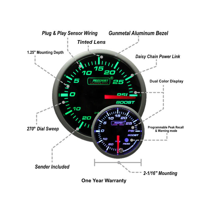 Prosport 52mm Green/White Premium Electric Boost gauge - Specs