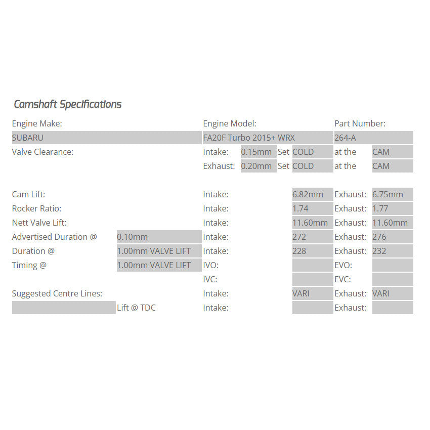 Kelford Cams 272/276 Degree Camshafts for 2015-21 Subaru WRX FA20 DIT Spec Chart