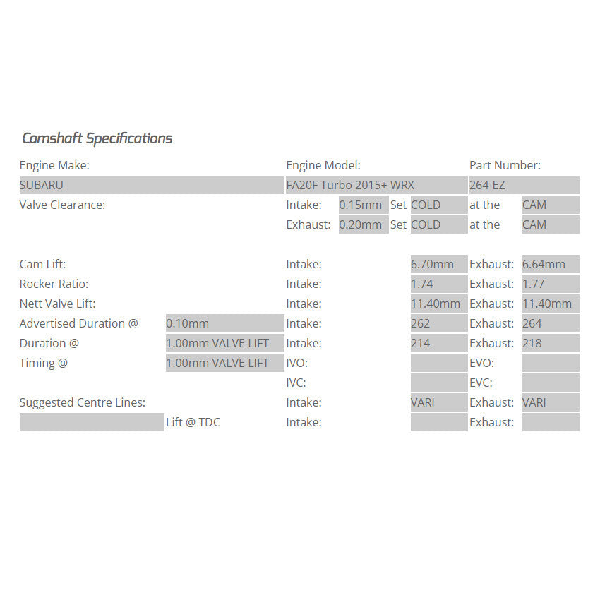 Kelford Cams 262/264 Degree Camshafts for 2015-21 Subaru WRX FA20 DIT Spec Chart