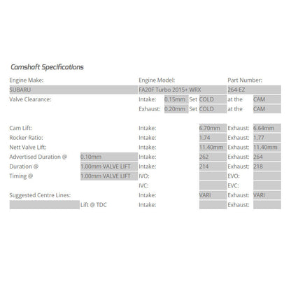 Kelford Cams 262/264 Degree Camshafts for 2015-21 Subaru WRX FA20 DIT Spec Chart