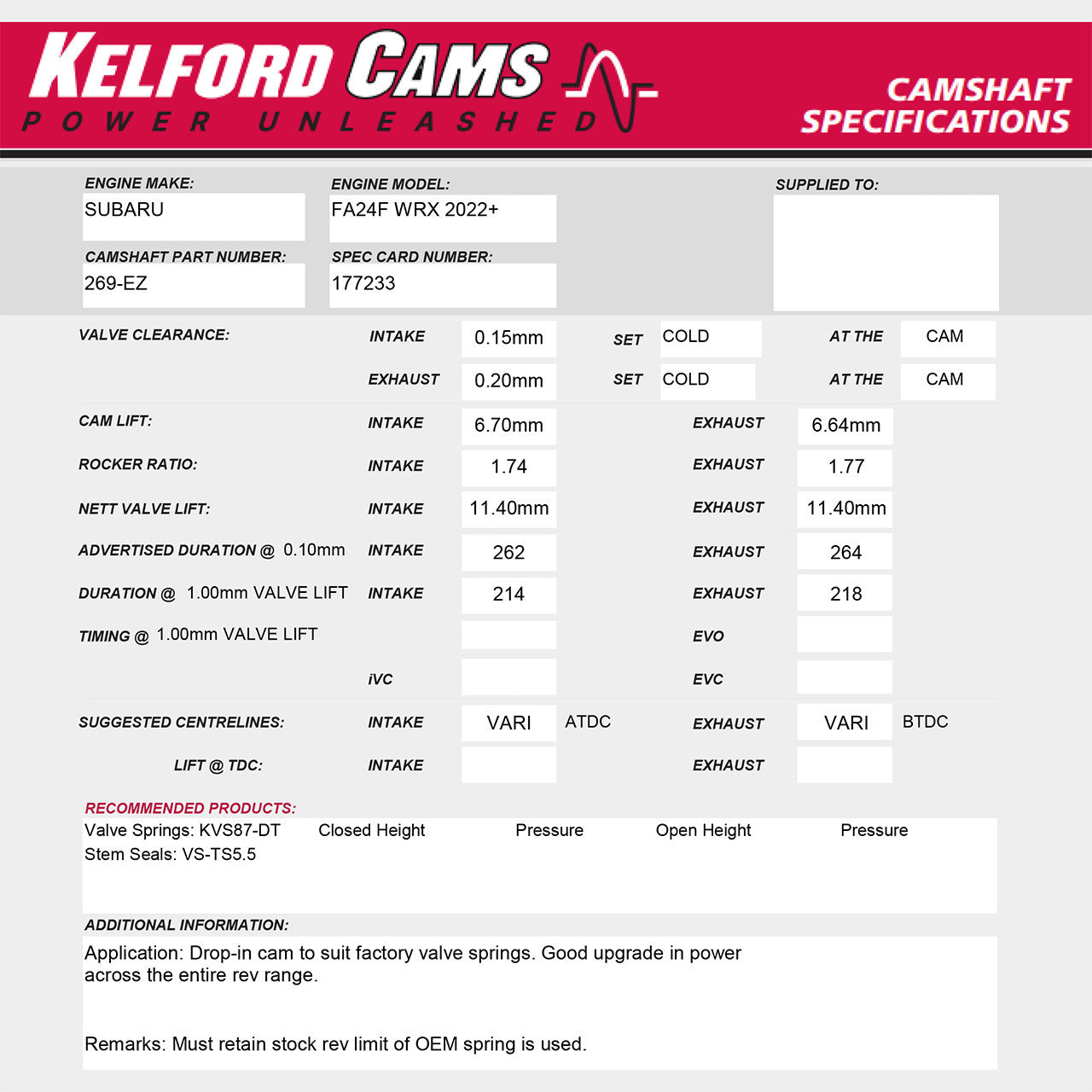 Kelford Cams 262/264 Degree Camshafts for 2022+ Subaru WRX FA24 DIT - 269-EZ - Specifications