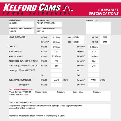 Kelford Cams 262/264 Degree Camshafts for 2022+ Subaru WRX FA24 DIT - 269-EZ - Specifications