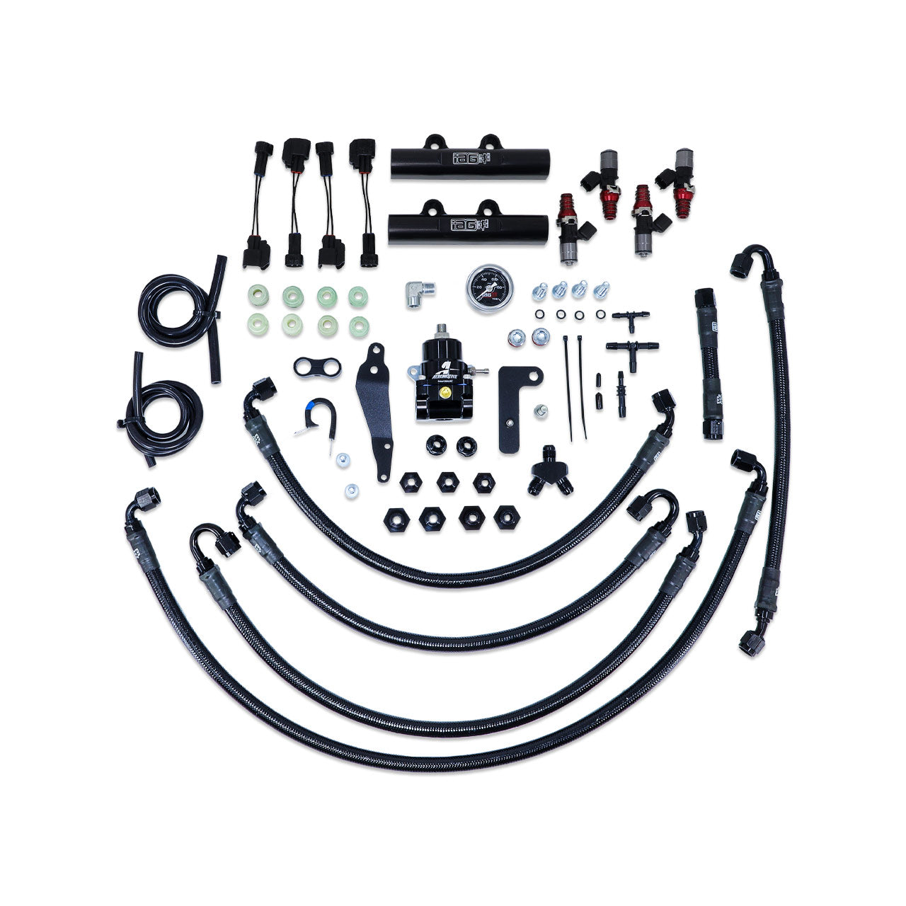 IAG PTFE Fuel System Kit w/ ID Injectors, Aeromotive FPR, IAG Fuel Rails for 08-14 WRX, 08-21 STI