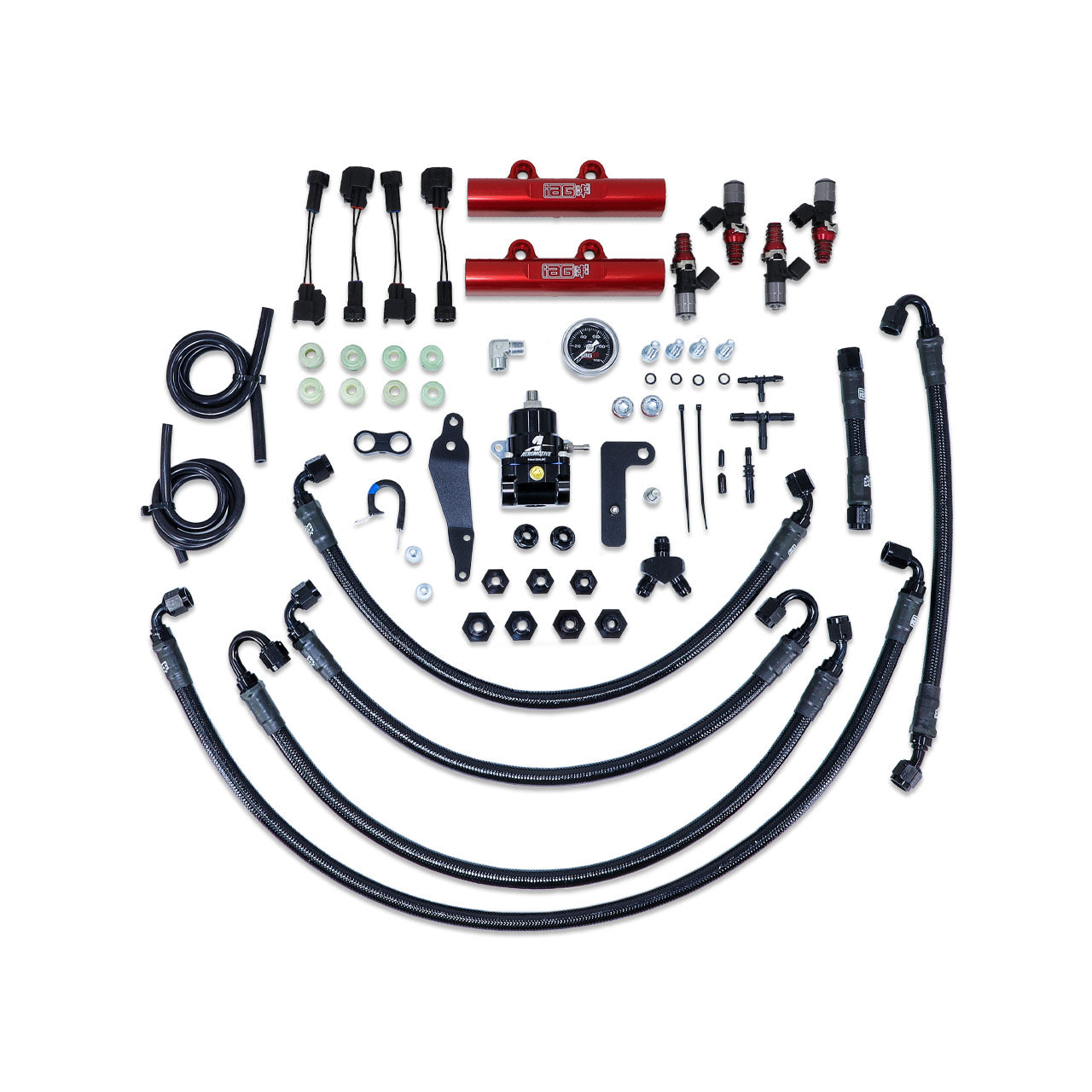 IAG PTFE Fuel System Kit w/ ID Injectors, Aeromotive FPR, IAG Fuel Rails for 08-14 WRX, 08-21 STI