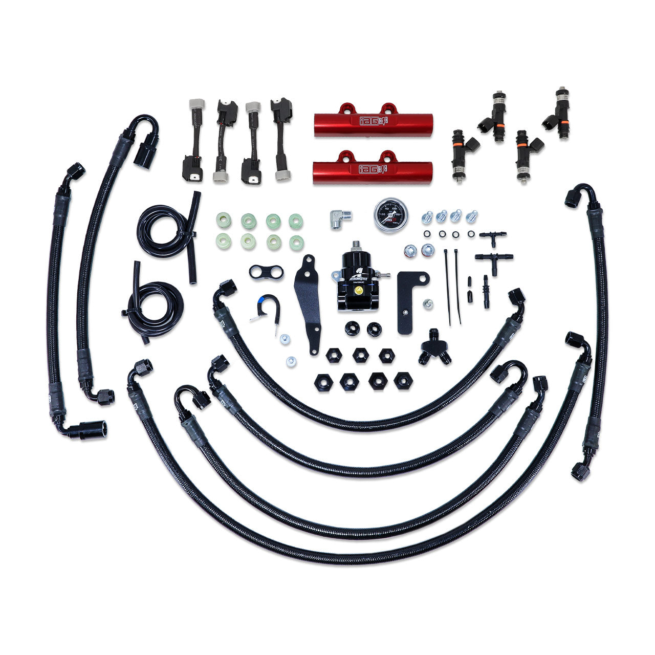IAG PTFE Flex Fuel System Kit w/ FIC Injectors, Aeromotive FPR, IAG Fuel Rails for 08-14 WRX, 08-21 STI