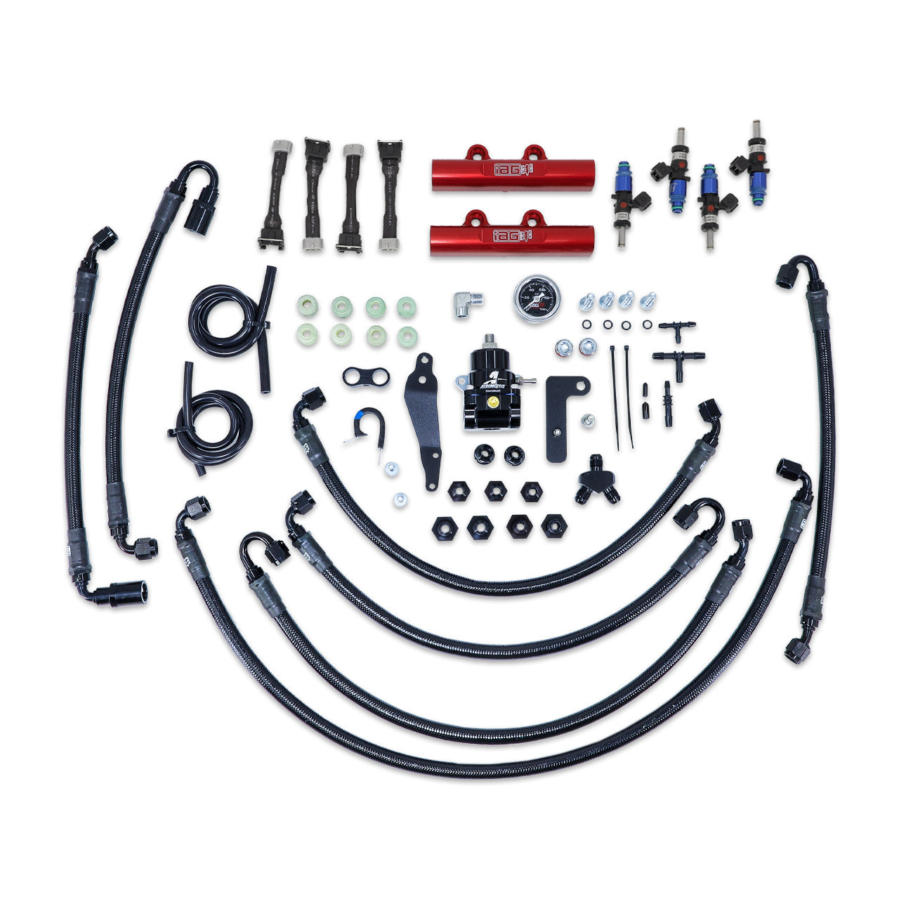 IAG PTFE Flex Fuel System Kit w/ FIC Injectors, Aeromotive FPR, IAG Fuel Rails for 08-14 WRX, 08-21 STI