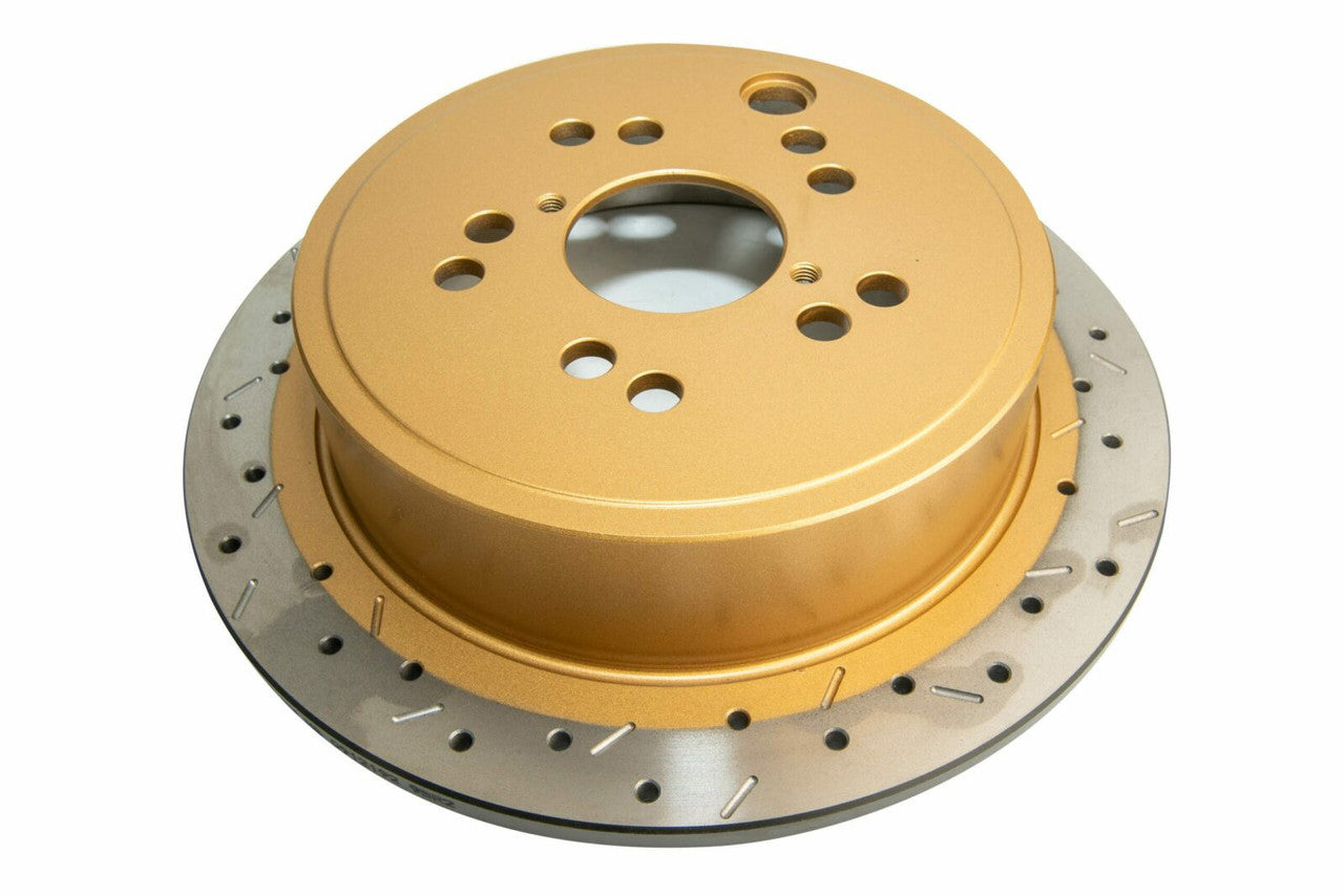 DBA Rear 4000 Series XS Gold Drilled & Slotted Brake Rotor For 2008-21 Subaru WRX, 09-13 Forester