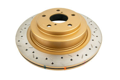 DBA Rear 4000 Series XS Gold Drilled & Slotted Brake Rotor For 2006-07 Subaru WRX, 05-08 Legacy GT - DBA4653XS