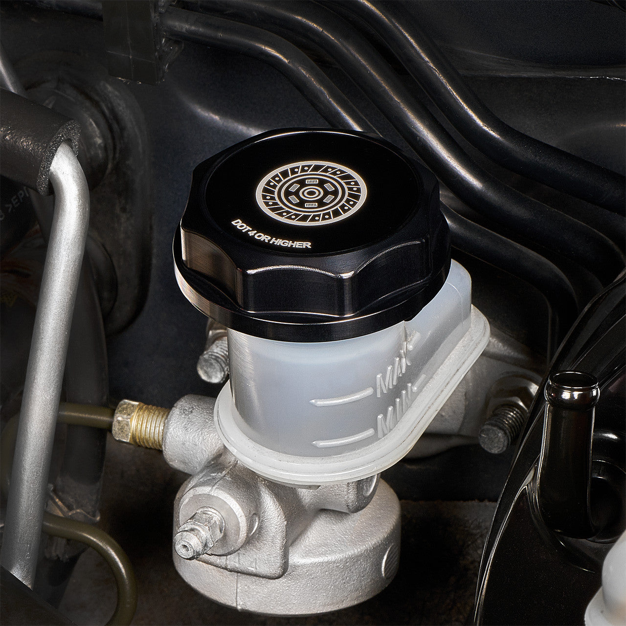 IAG Revolve Clutch Fluid Reservoir Cap w/ Anodized Color Accent for WRX STI - Black Installed