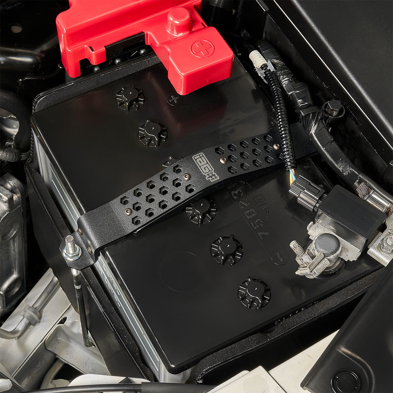 IAG Subaru Battery Tie Down - Black Installed