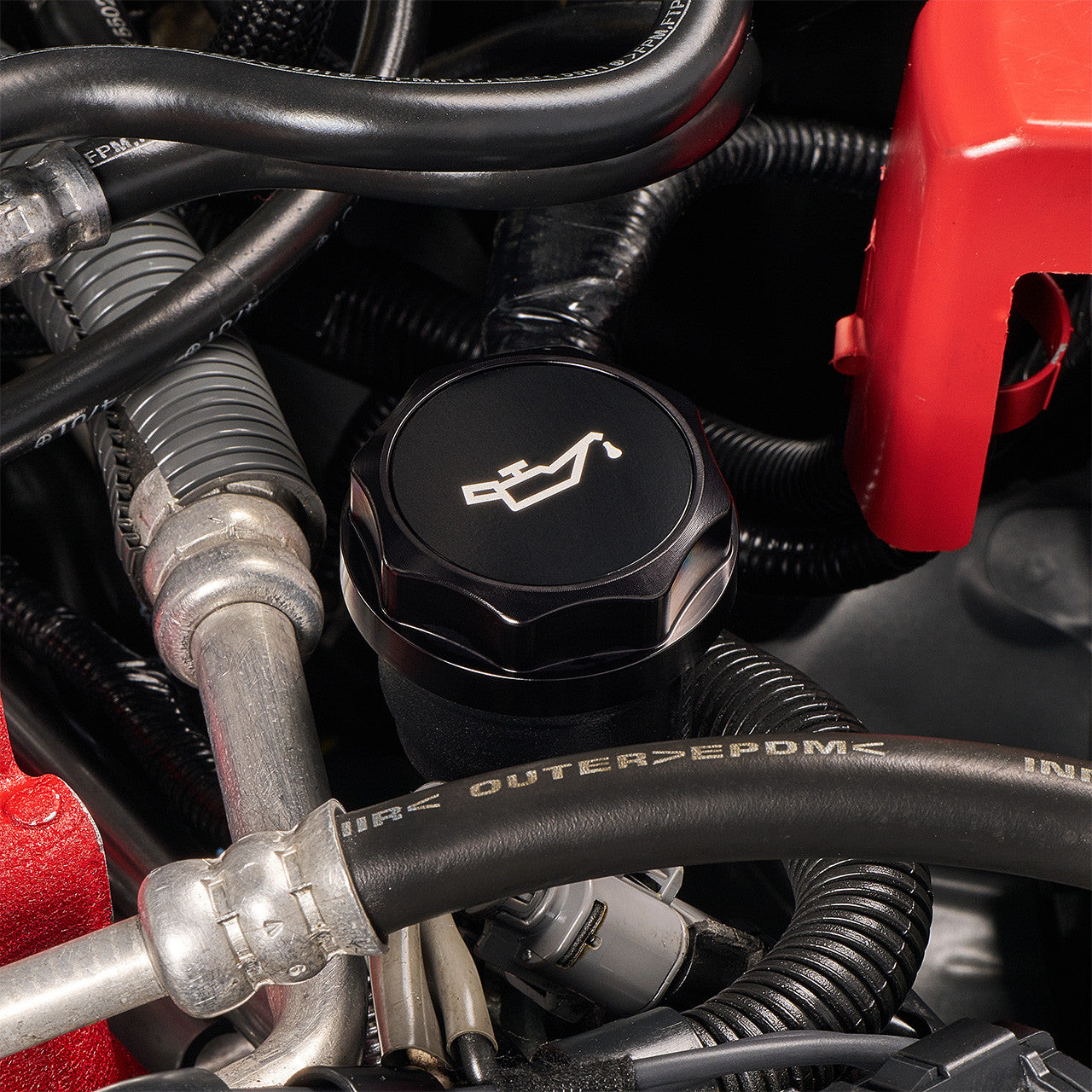 IAG Revolve Engine Bay Dress-Up Cap Kit for 15-21 STI - Black Oil Cap Install Close-up