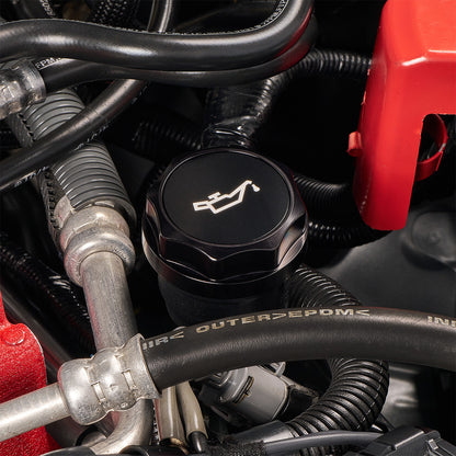 IAG Revolve Engine Bay Dress-Up Cap Kit for 15-21 STI - Black Oil Cap Install Close-up