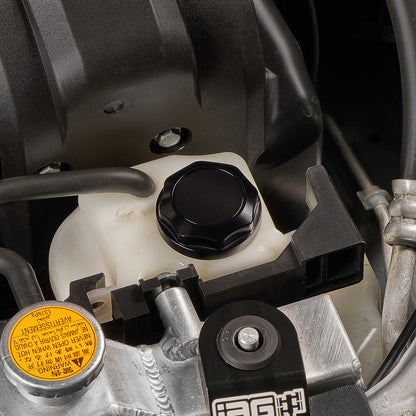 IAG Revolve Engine Bay Dress-Up Cap Kit for 15-21 STI - Black Coolant Cap Install Close-up 2