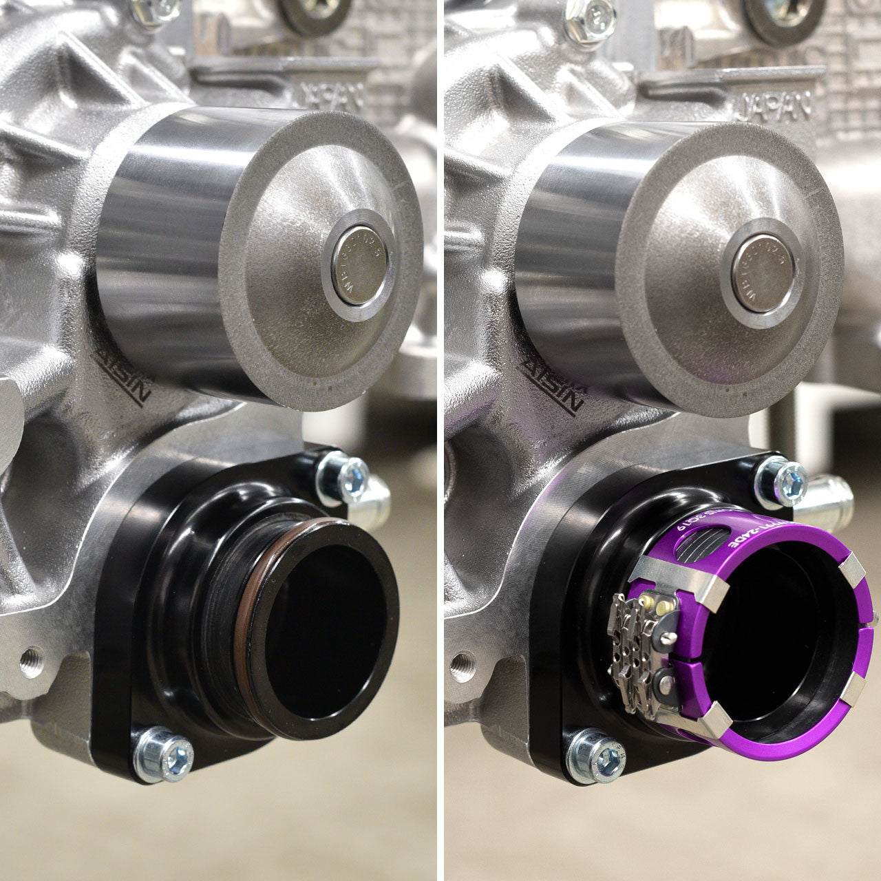 IAG Subaru Wiggins Style Thermostat Housing for 02-24 WRX, 04-21 STI, 04-13 FXT, 05-09 LGT, 13-24 BRZ - Installed 2 Comparison