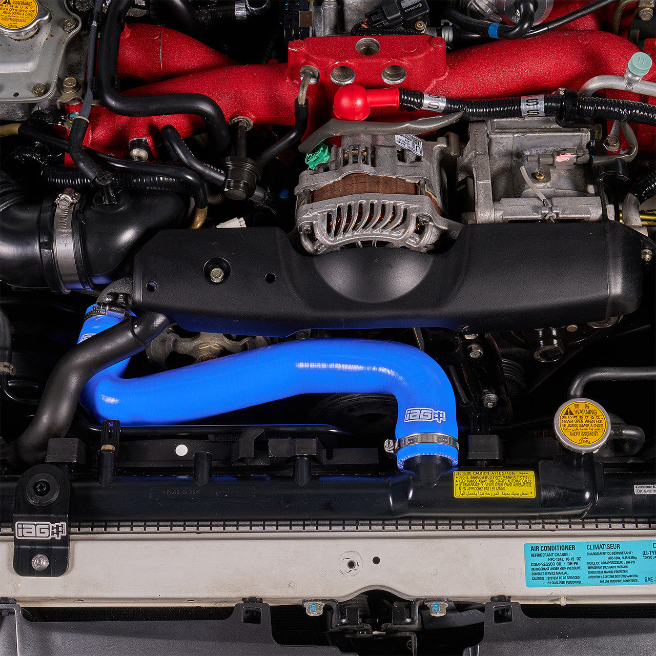 IAG Silicone Upper & Lower Radiator Hose Kit For 2002-07 WRX, 04-07 STI - Blue Installed