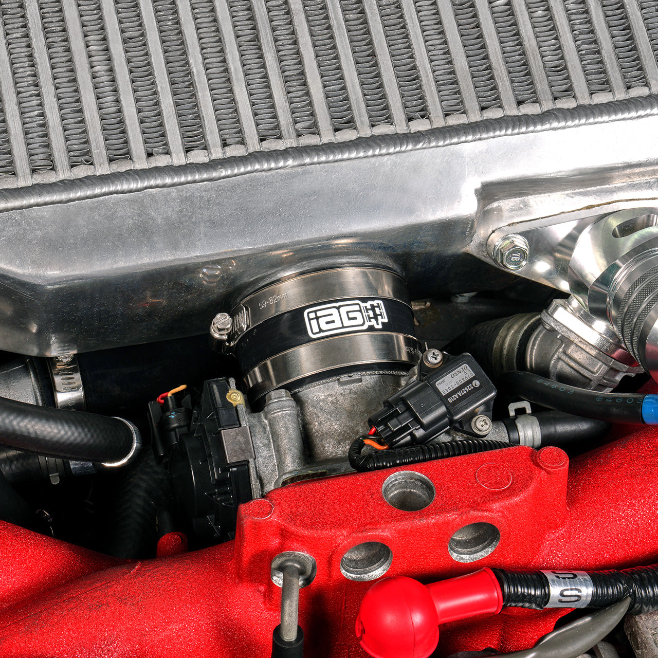 IAG “Trim to Fit” Top Mount Intercooler Coupler Kit for 2004-21 Subaru STI - Black Installed
