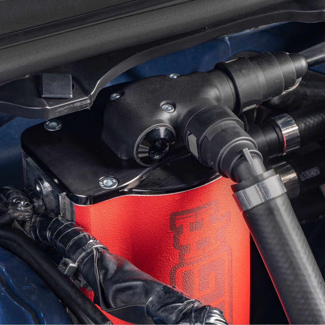 IAG Air / Oil Separator (AOS) Fits 2015-21 Subaru WRX, 14-18 FXT - Installed Close-Up