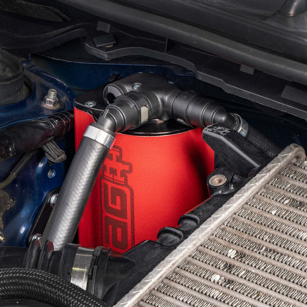 IAG Air / Oil Separator (AOS) Fits 2015-21 Subaru WRX, 14-18 FXT - Installed Close-Up 3