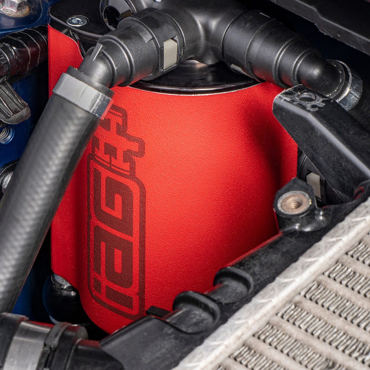 IAG Air / Oil Separator (AOS) Fits 2015-21 Subaru WRX, 14-18 FXT - Installed Close-Up 2