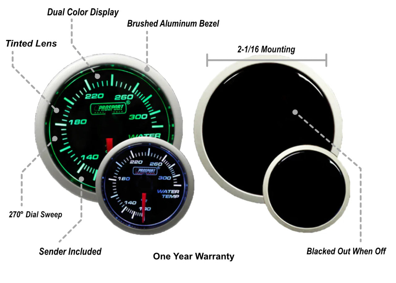 Prosport 52mm Green/White Water Temperature Gauge - specs