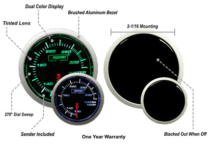 Prosport 52mm Green/White Water Temperature Gauge - specs
