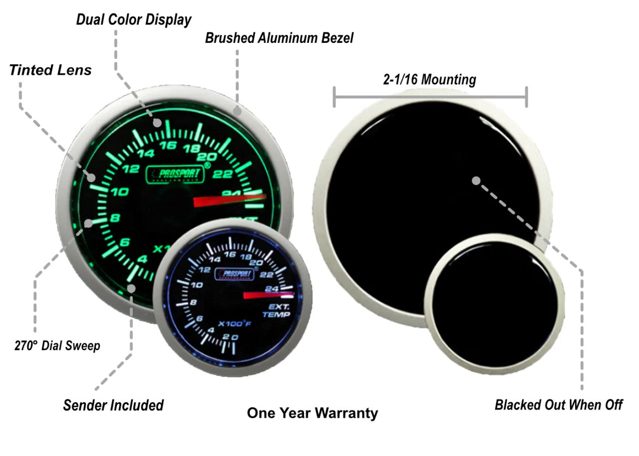 Prosport 52mm Green/White Exhaust Gas Temperature Gauge - Specs