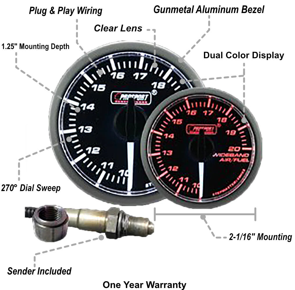 Prosport 52mm Wideband Premium White Pointer Clear Lens Air Fuel Ratio kit-Amber/White - Specs