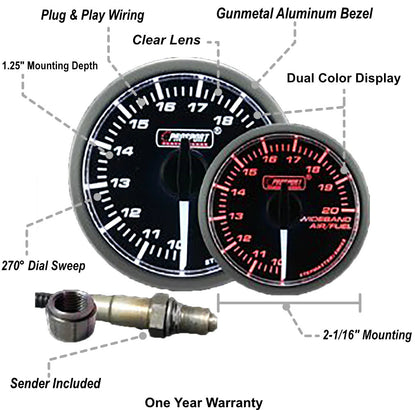 Prosport 52mm Wideband Premium White Pointer Clear Lens Air Fuel Ratio kit-Amber/White - Specs