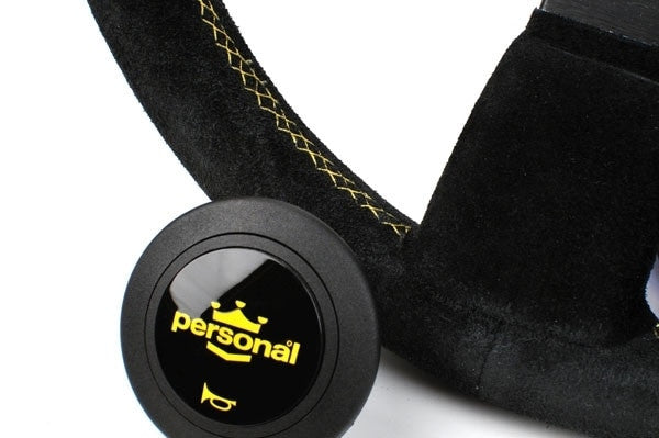 Personal Grinta 330 Steering Wheel in Black Suede with Yellow Stitching - Close-up