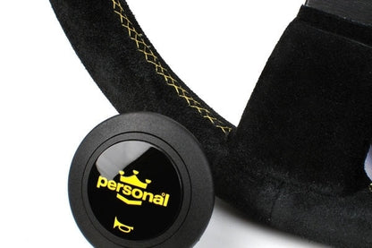 Personal Grinta 330 Steering Wheel in Black Suede with Yellow Stitching - Close-up