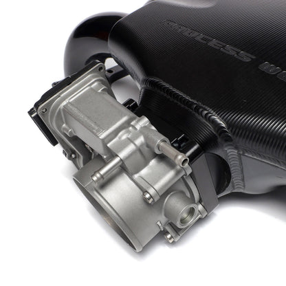 IAG Big Bore 76mm Throttle Body & Black Anodized Adapter Package mounted to for Subaru STI Process West Intake Manifolds
