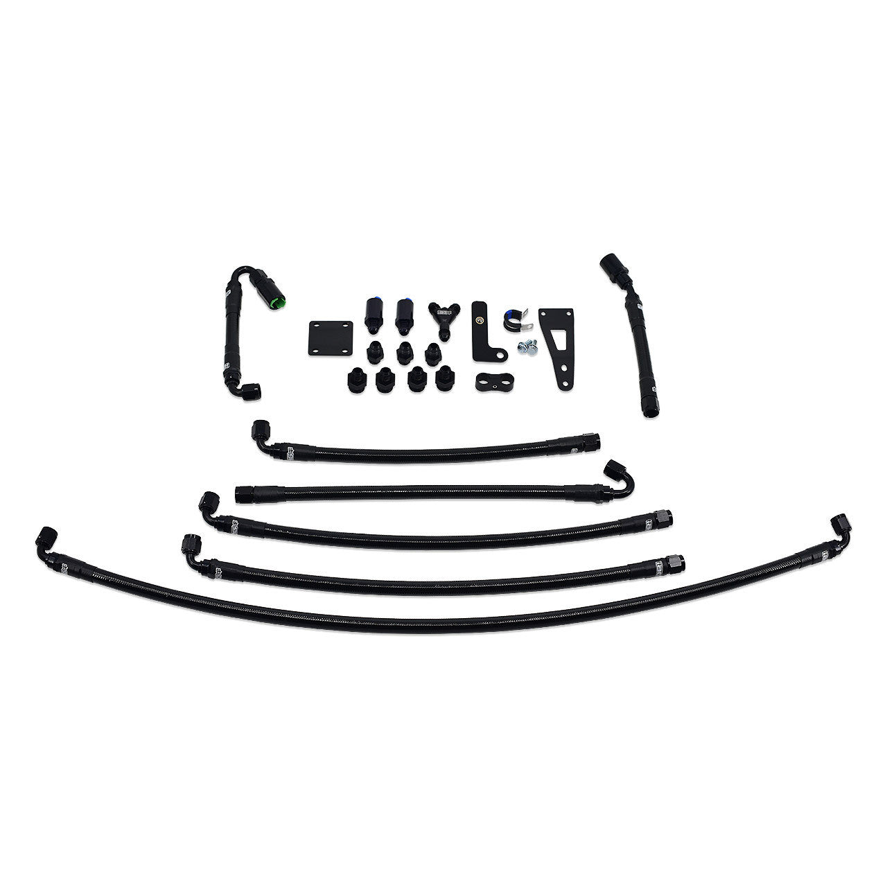 IAG Performance PTFE Fuel Line Kit Parts Layout for use with COBB Flex Fuel Sensor in the 06-07 WRX, 06-07 STI