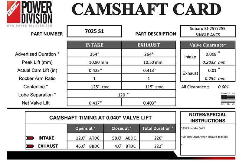 GSC S1 Billet Camshaft Set for the 04-07 STI, 06-14 WRX, 04-13 FXT, 05-12 LGT with Intake AVCS - Specs 2