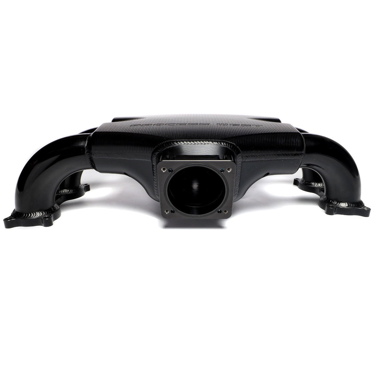 IAG Big Bore 76mm Throttle Body Black Anodized Adapter mounted to Subaru STI Process West Intake Manifold
