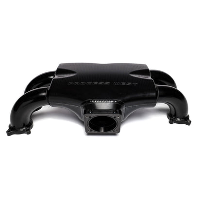 IAG Big Bore 76mm Throttle Body Black Anodized Adapter mounted to a Subaru STI Process West Intake Manifold