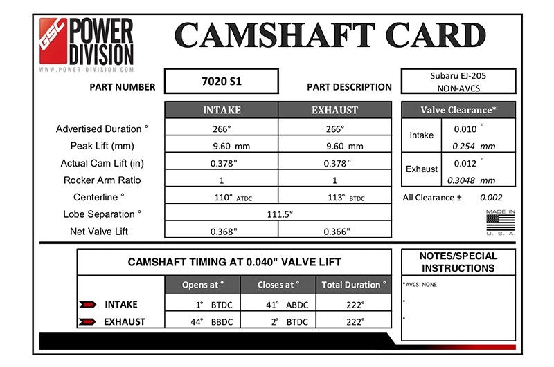GSC S1 Billet Camshaft Set for the 02-05 WRX EJ20 (Non AVCS) - Specs 2