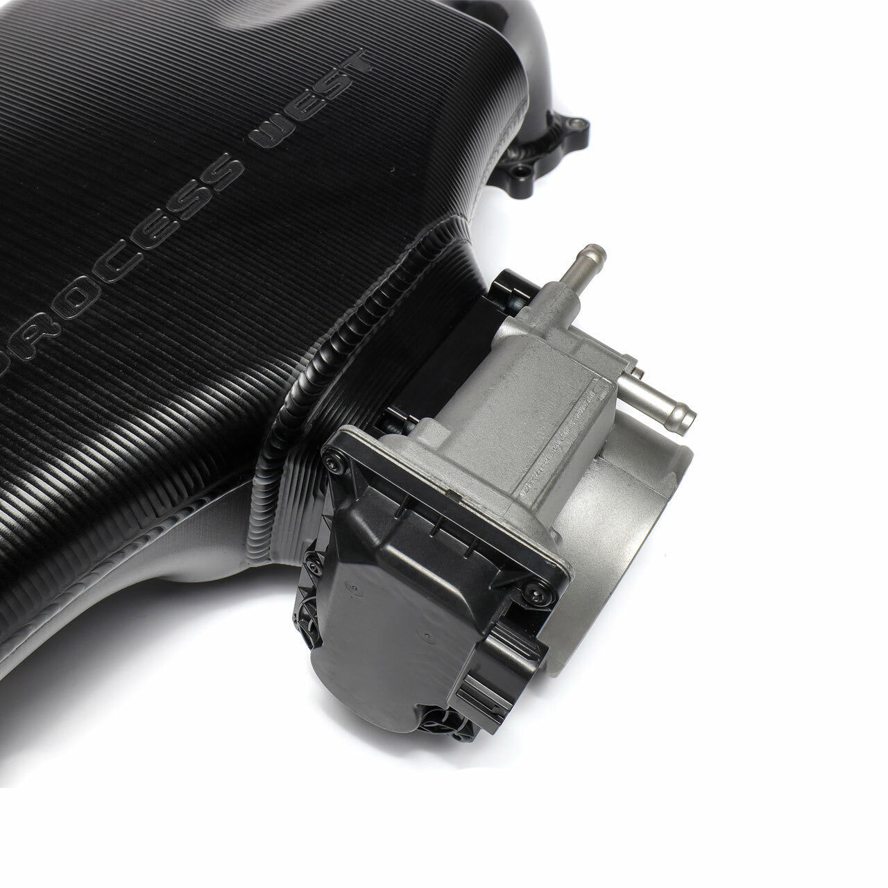 IAG Big Bore 76mm Throttle Body & Adapter Package Close up on Subaru STI Process West Intake Manifold