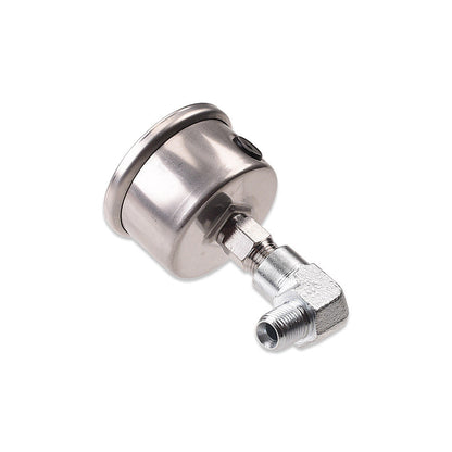 IAG 90 Degree 1/8 inch NPT Male to Female Zinc Plated Fitting shown installed on Fuel Gauge