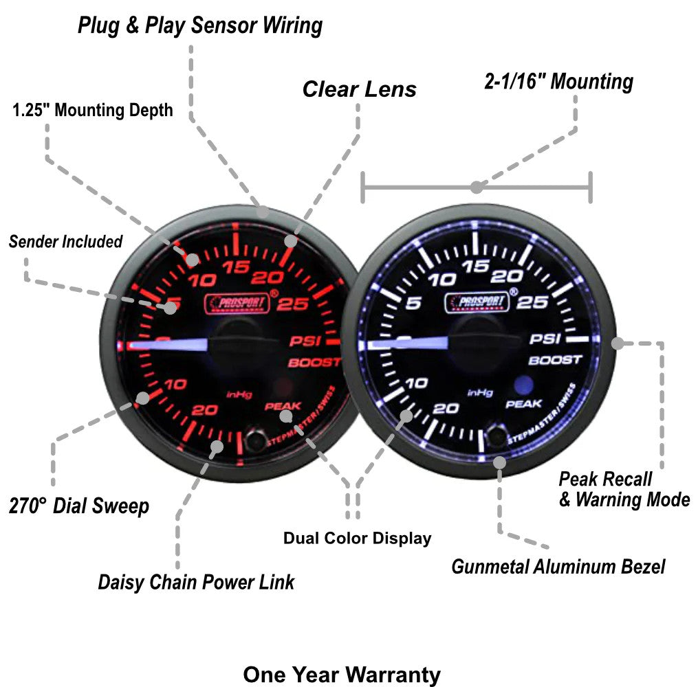Prosport 52mm Premium White Pointer Clear Lens Boost gauge Amber/White - specs